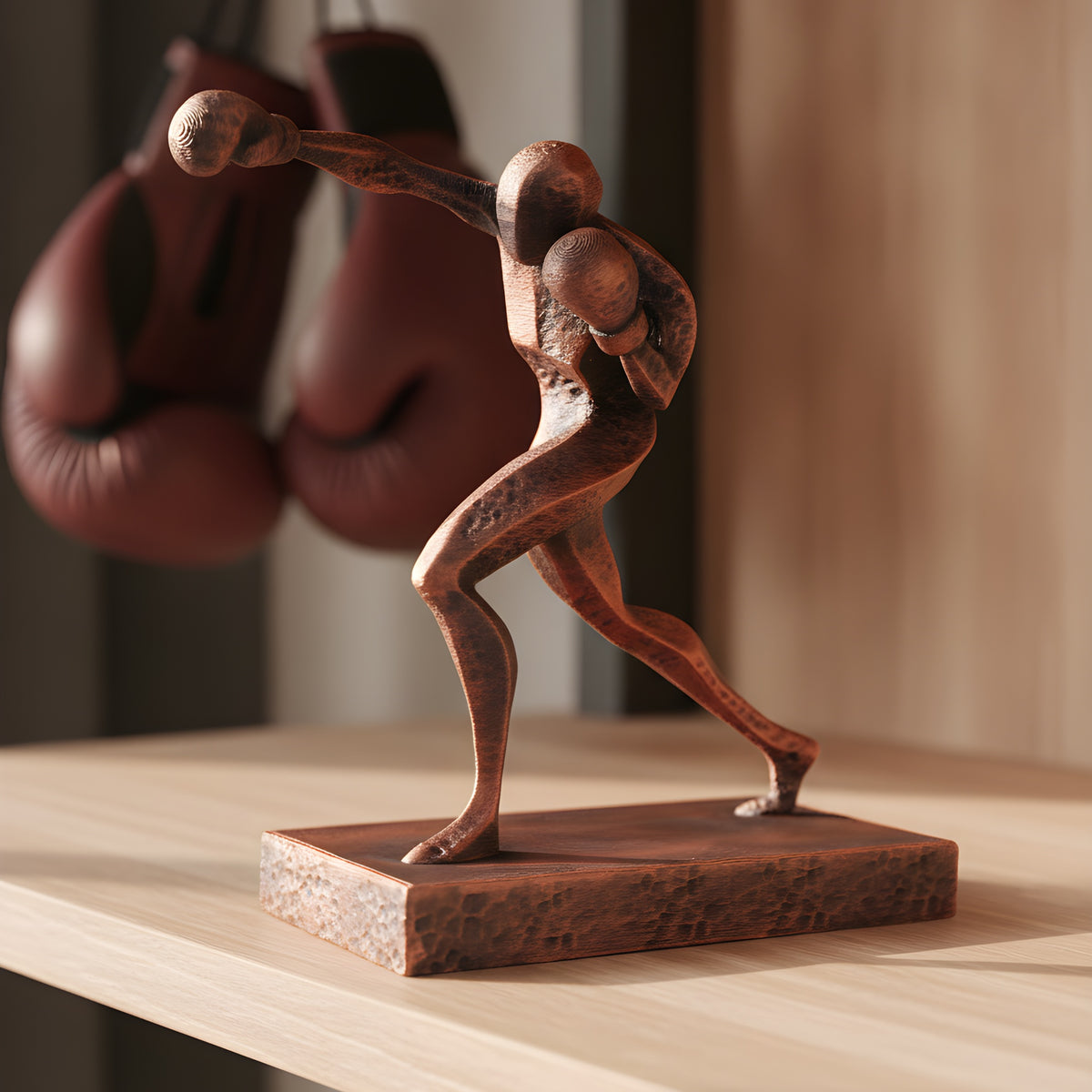 Boxer-Statue in Kupfer-Bronze-Optik auf Holzregal, frontale Kampfhaltung, unscharfer Hintergrund mit hängenden Boxhandschuhen – Münch3D