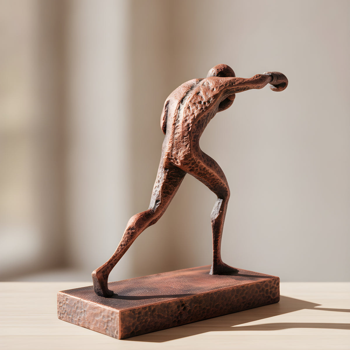 Boxer-Statue in Kupfer-Bronze-Optik, Rückansicht der Kampfpose auf Holzoberfläche, weich unscharfer warmer Hintergrund – Münch3D