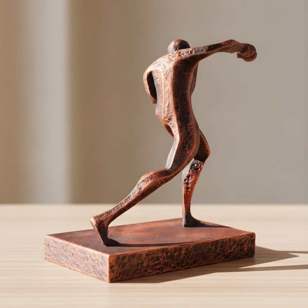 Boxer-Statue in Kupfer-Bronze-Optik, Rückansicht mit ausgestrecktem Schlagarm auf Holzoberfläche, weich unscharfer warmer Hintergrund – Münch3D