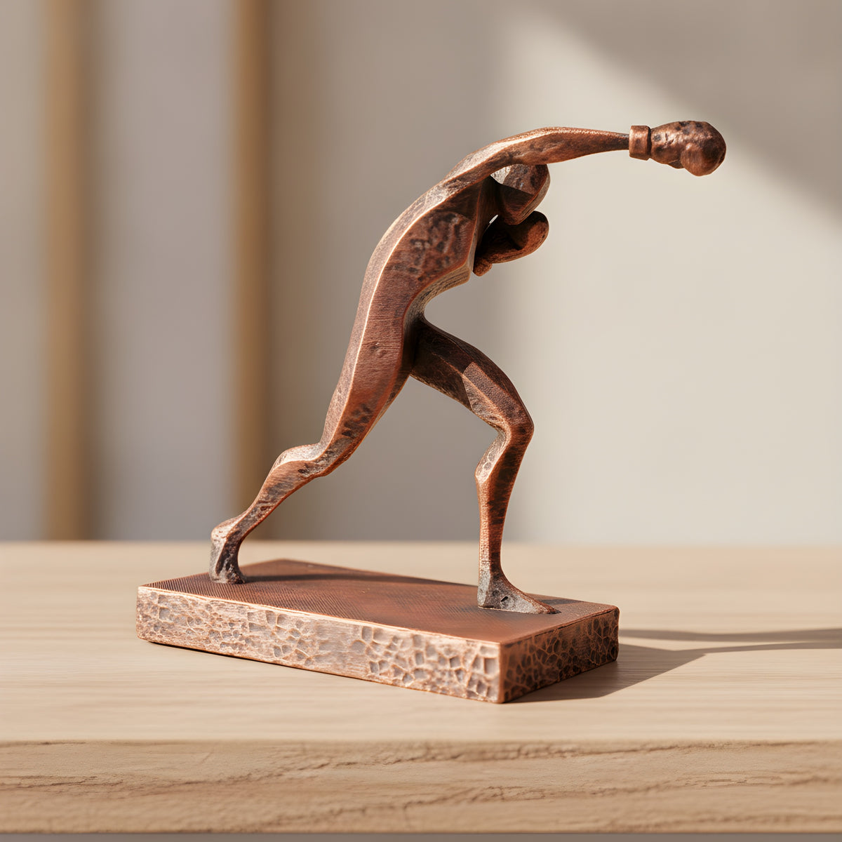 Boxer-Statue in Kupfer-Bronze-Optik, Seitenansicht der Kampfpose auf Holzoberfläche, weich unscharfer warmer Hintergrund – Münch3D