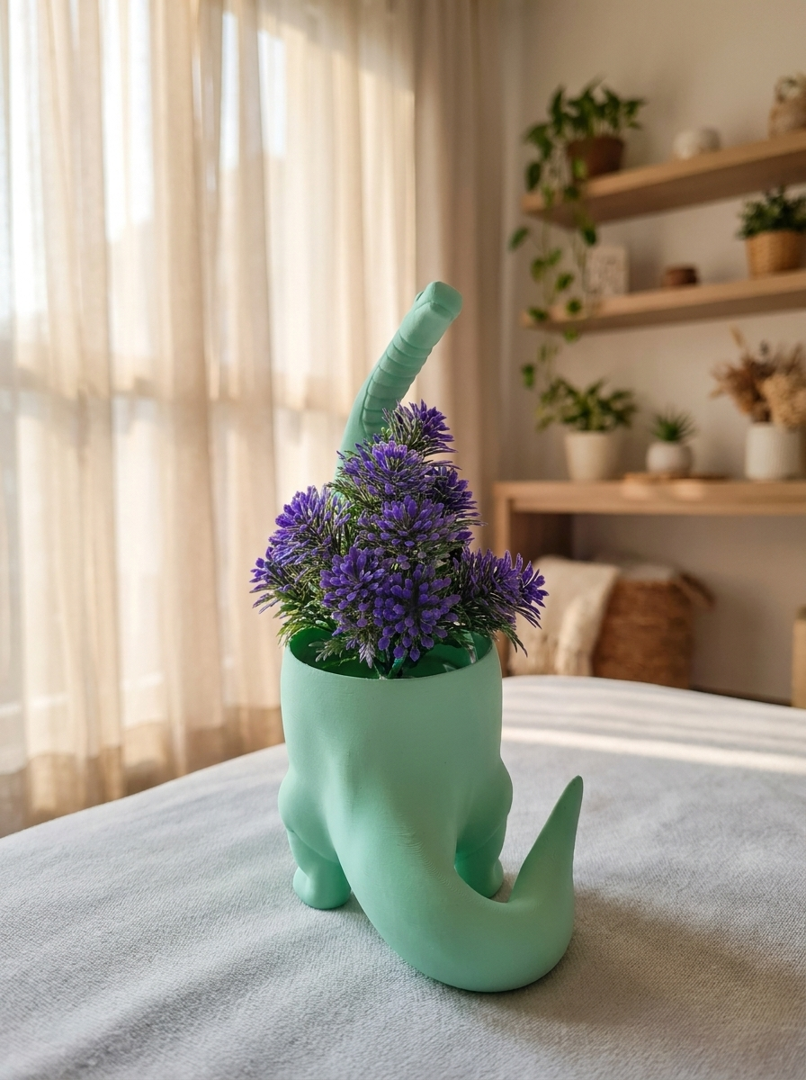 Mintgrüner Brachiosaurus-Blumentopf mit violettem Blütenstrauß, Ansicht schräg von hinten mit eingerolltem Schwanz im Vordergrund, Holzregal mit kleinen Pflanzen im Hintergrund