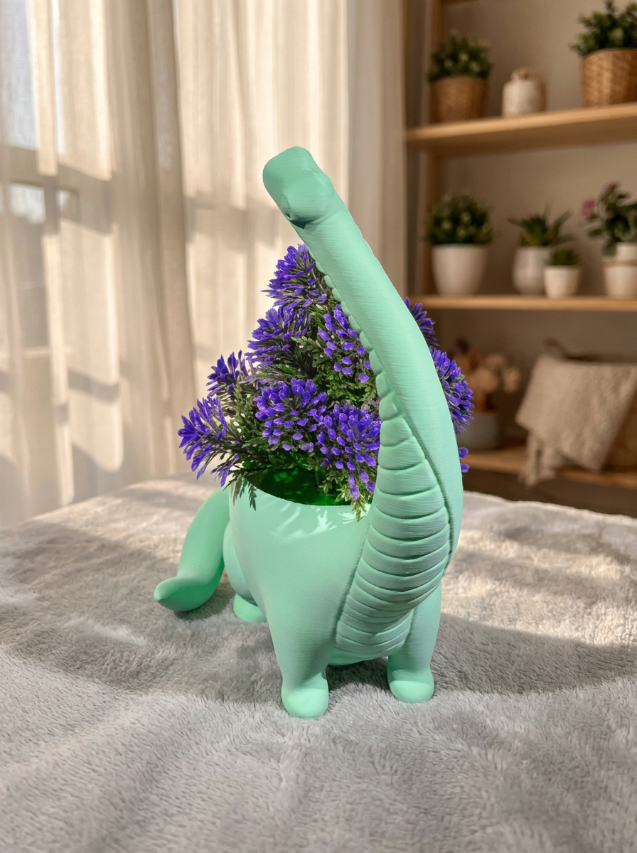 Mintgrüner Brachiosaurus-Blumentopf mit violettem Blütenstrauß, Rückansicht mit sichtbarer geriffelter Halsstruktur, auf Wolldecke mit Regal im Hintergrund
