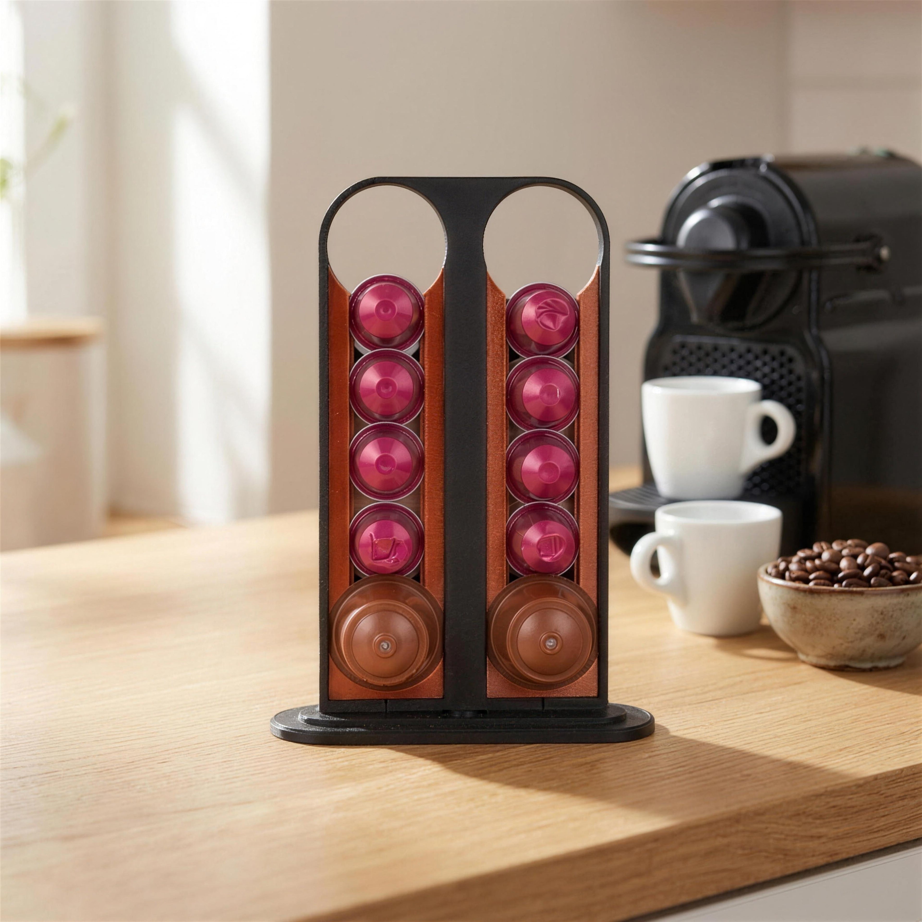 Kaffeekapsel-Spender in Schwarz von vorne, beide Schächte mit Kaffeekapseln gefüllt