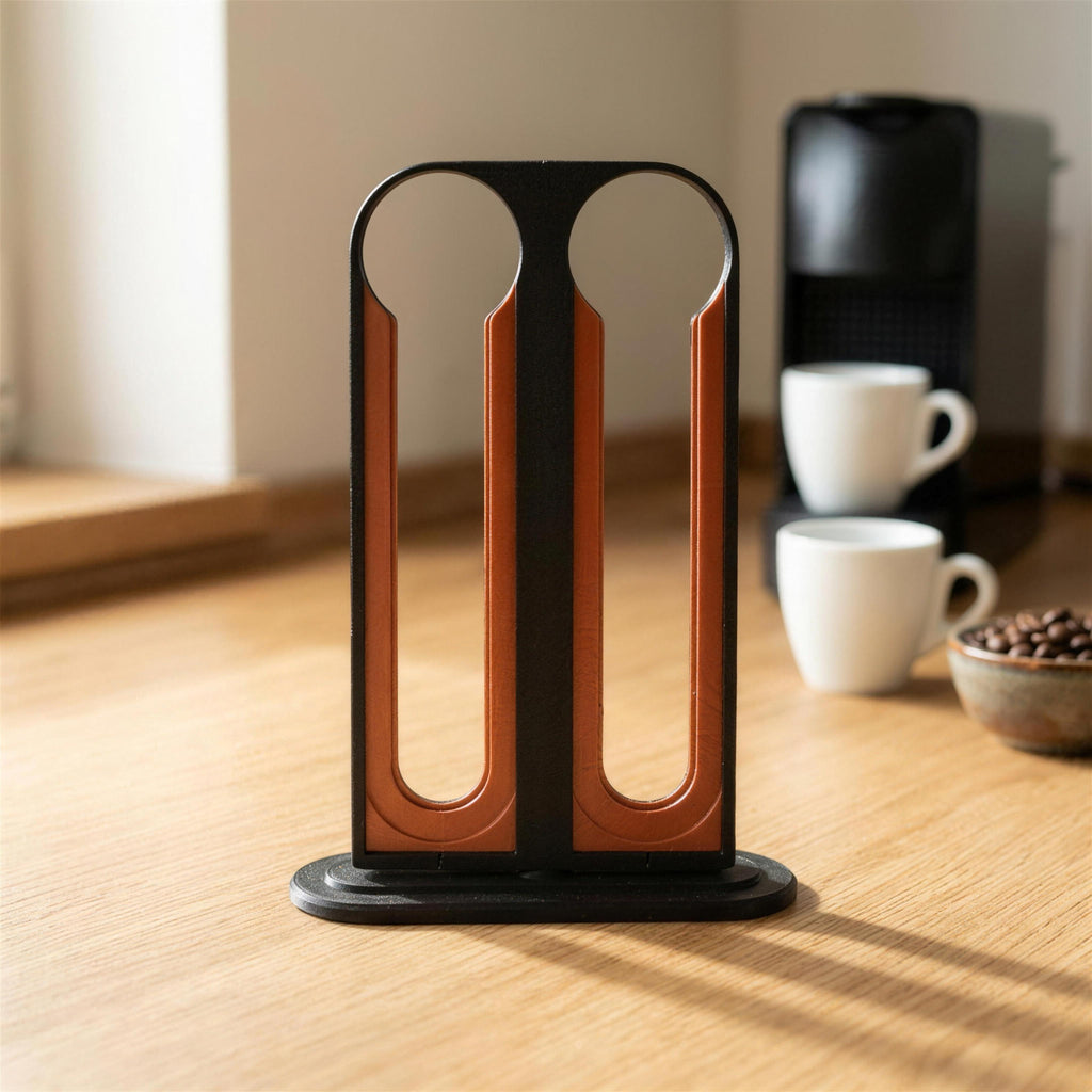 Kaffeekapsel-Spender in Schwarz von vorne, leer ohne Kapseln