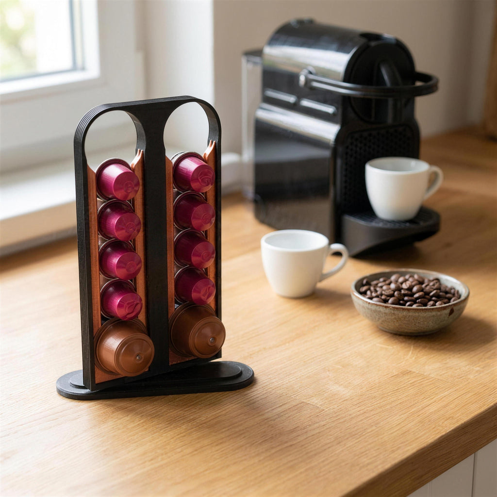 Kaffeekapsel-Spender in Schwarz im Dreiviertelwinkel, beide Schächte mit Kaffeekapseln gefüllt