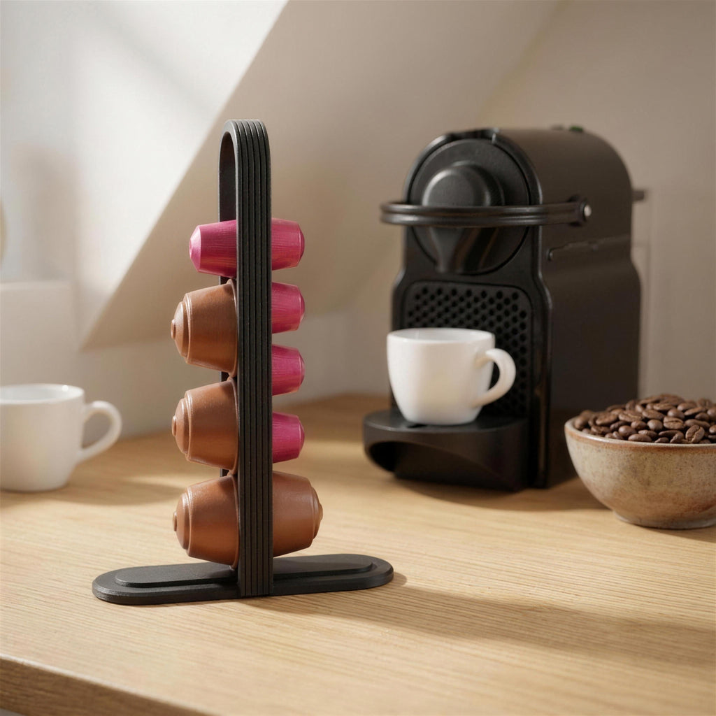Kaffeekapsel-Spender in Schwarz im Seitenprofil, mit Kaffeekapseln gefüllt