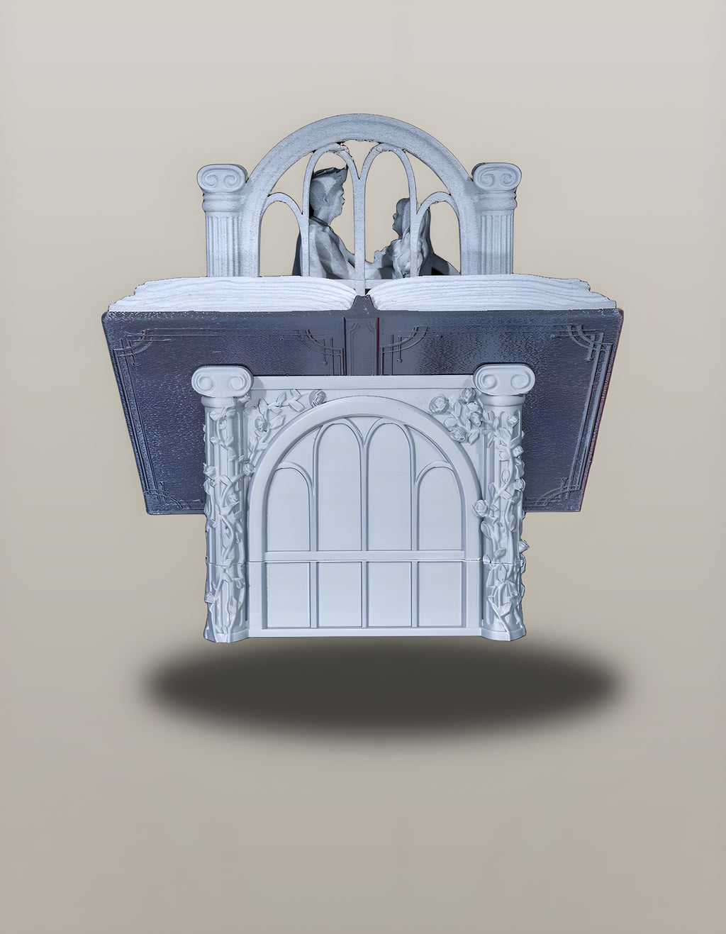 Buch-Skulptur Paar & Rosen freigestellt, Frontalansicht mit aufgeschlagenem Buch – Münch3D