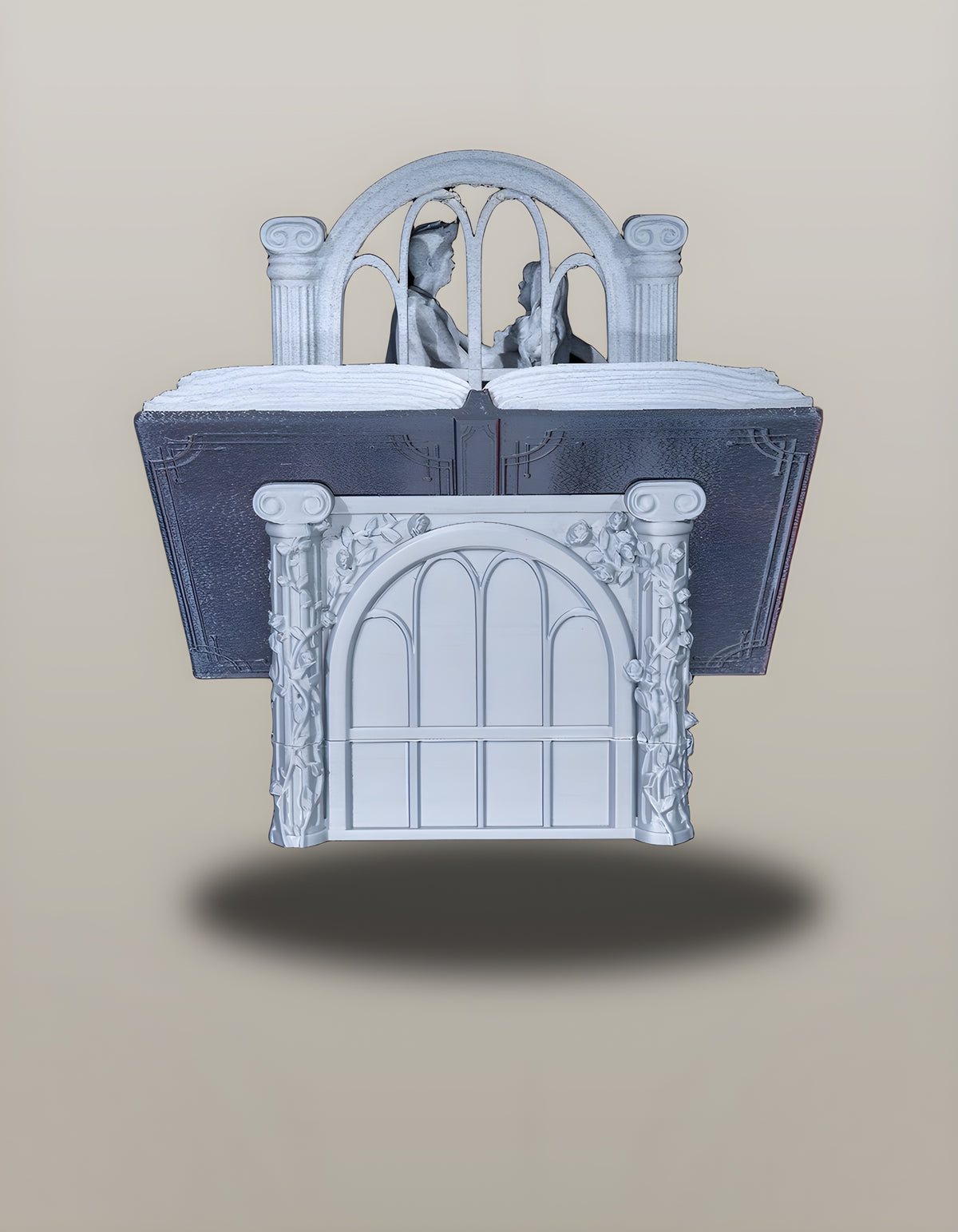 Buch-Skulptur Paar & Rosen freigestellt, Frontalansicht mit aufgeschlagenem Buch – Münch3D