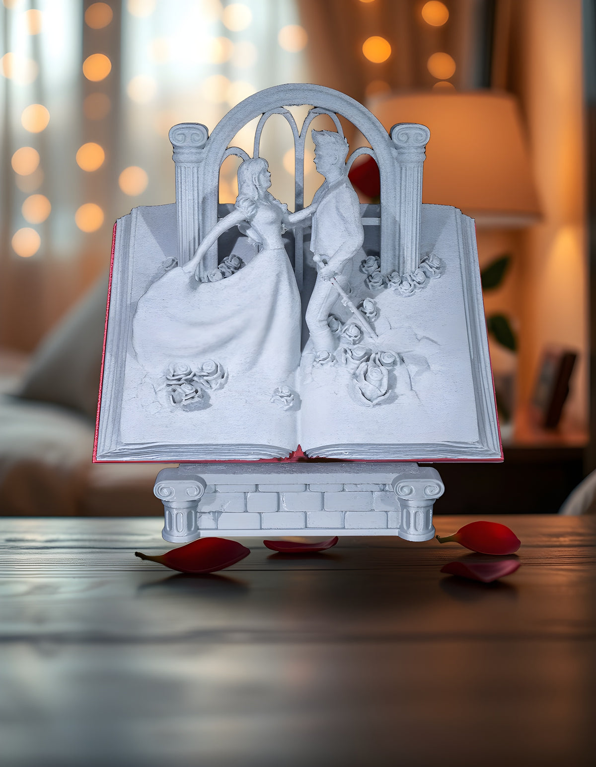 Buch-Skulptur Paar & Rosen auf Nachttisch mit Rosenblättern, Frontalansicht mit Rosenbogen – Münch3D