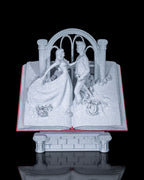 Buch-Skulptur Paar & Rosen, unbemalter 3D-Druck in Weiß-Grau – Frontalansicht mit Rosenbogen, Münch3D