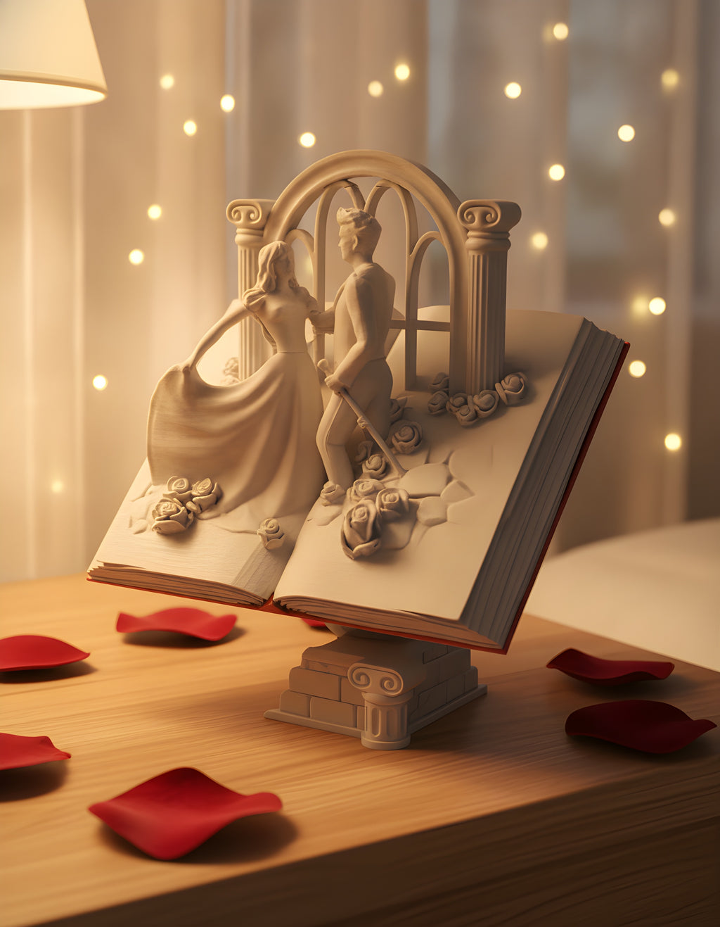 Buch-Skulptur Paar & Rosen auf Nachttisch mit Rosenblättern, Ansicht schräg von oben mit Rosenbogen – Münch3D