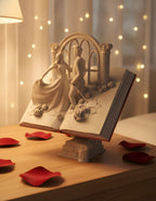 Buch-Skulptur Paar & Rosen auf Nachttisch mit Rosenblättern, Ansicht schräg von oben mit Rosenbogen – Münch3D