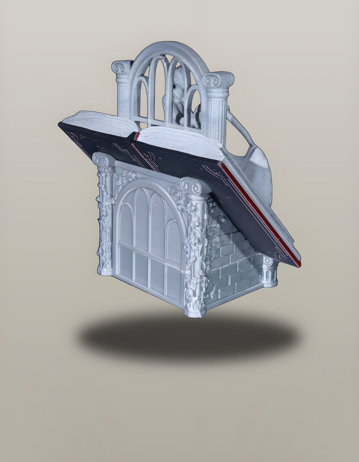 Buch-Skulptur Paar & Rosen freigestellt, Rückansicht mit rotem Buchschnitt – Münch3D