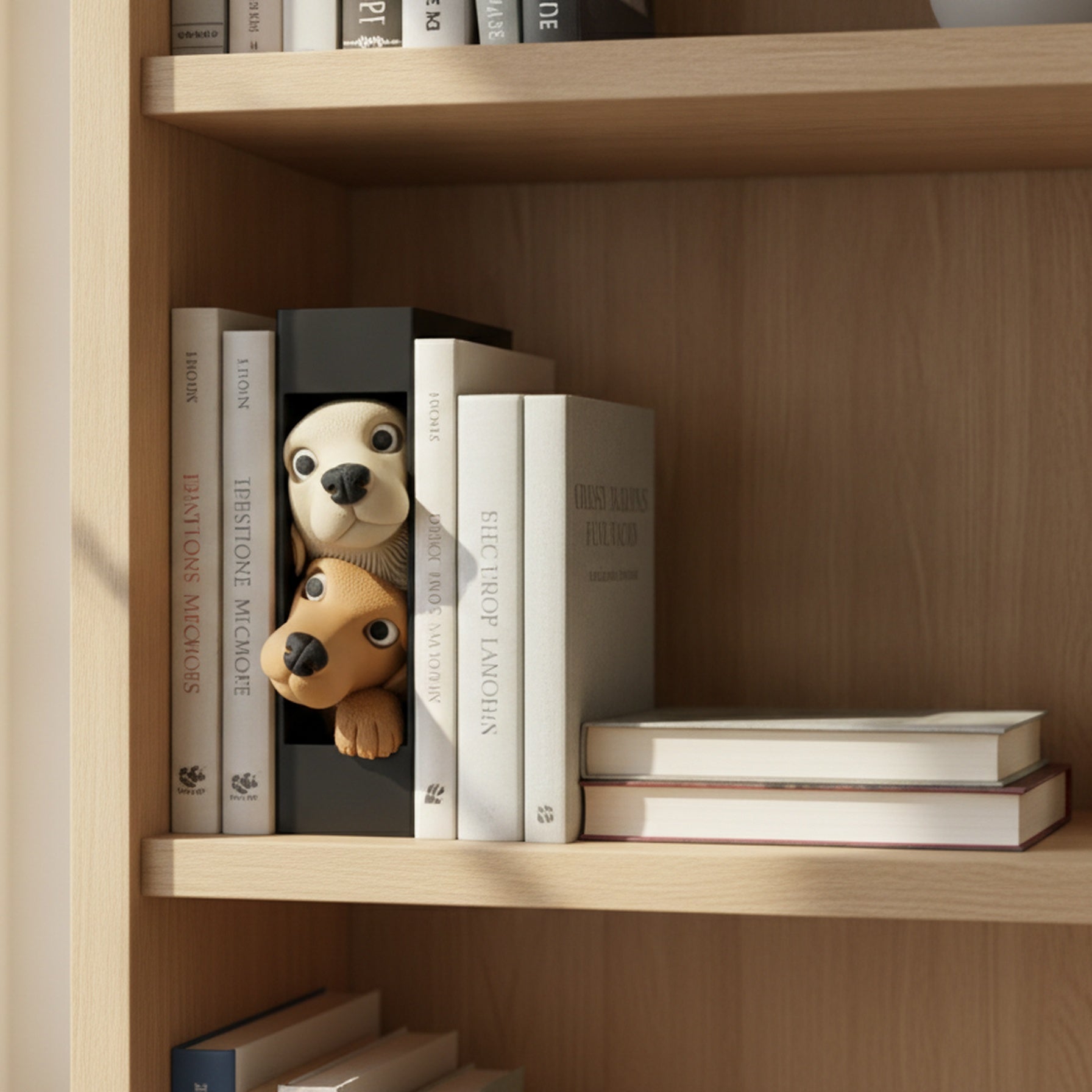 Book Nook Hundewelpen in hellem Wohnzimmerregal aus Holz, cremeweißer Kopf oben und hellbrauner Kopf mit Pfote darunter, zwischen Büchern mit Tageslicht von links