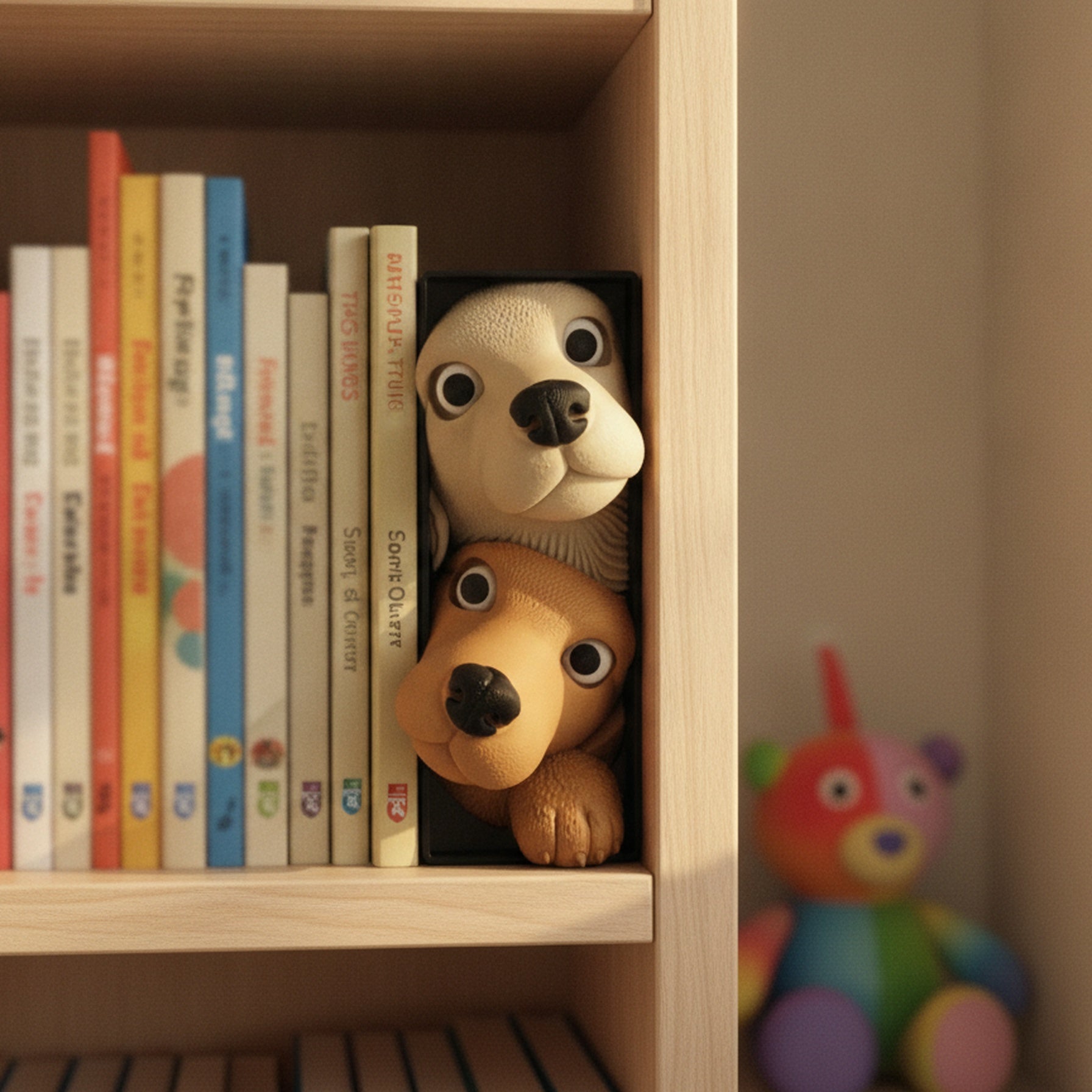 Book Nook Hundewelpen zwischen bunten Kinderbüchern im Kinderzimmerregal, weiches Nachmittagslicht, verschwommener Teddybär im Hintergrund