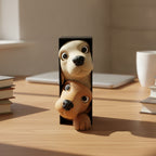 Book Nook Hundewelpen freistehend als Deko-Figur auf hellem Holzschreibtisch zwischen zwei Bücherstapeln, Laptop und Kaffeetasse unscharf im Hintergrund