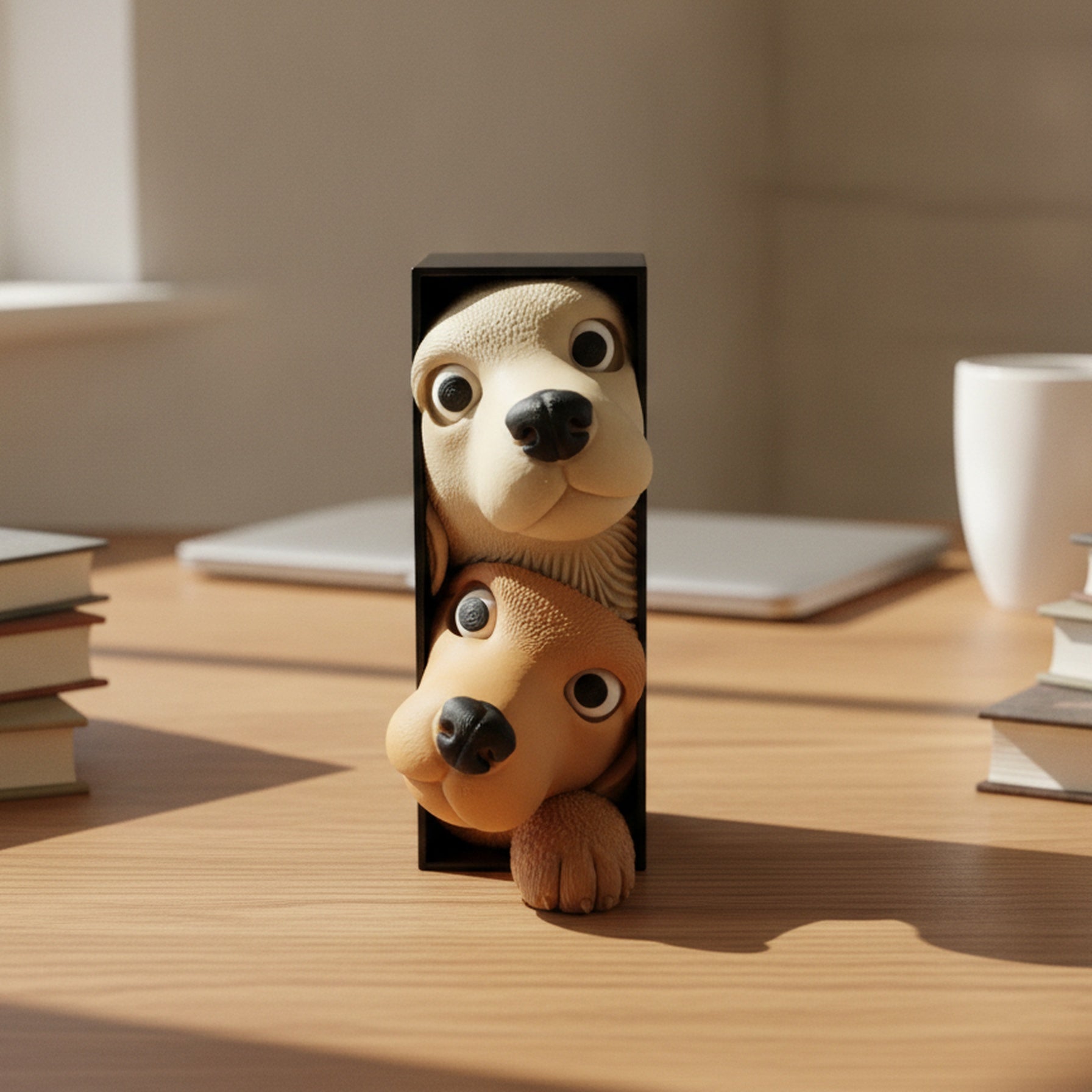 Book Nook Hundewelpen freistehend als Deko-Figur auf hellem Holzschreibtisch zwischen zwei Bücherstapeln, Laptop und Kaffeetasse unscharf im Hintergrund