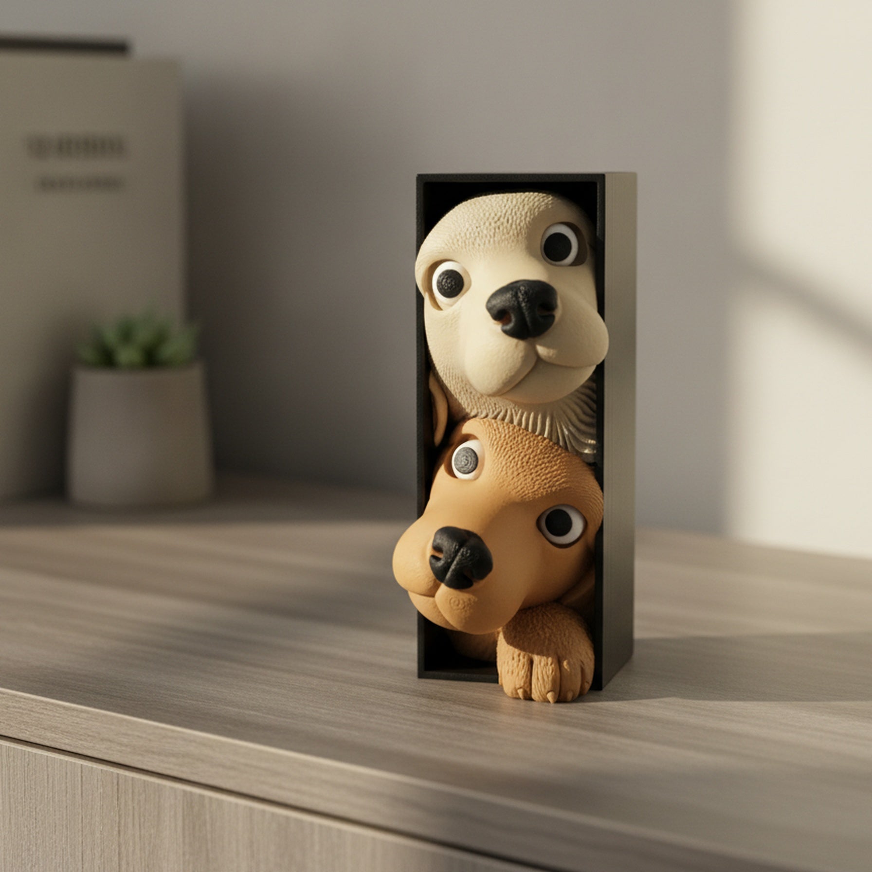 Book Nook Hundewelpen auf einem Sideboard neben aufgereihten Büchern und einer kleinen Sukkulente, warmes Nachmittagslicht von rechts