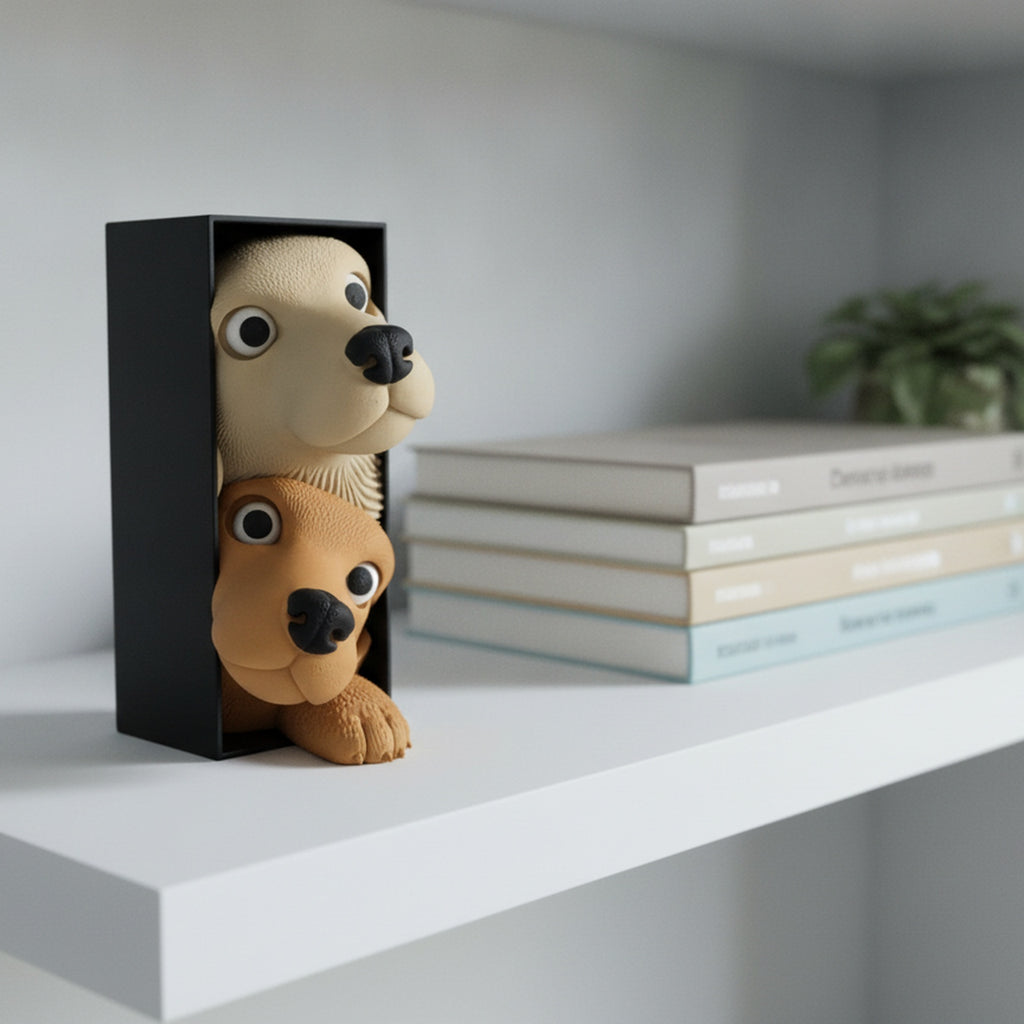 Book Nook Hundewelpen freistehend auf minimalistischem weißen Regal neben schmalen Designbüchern und einer grünen Zimmerpflanze, klares Tageslicht