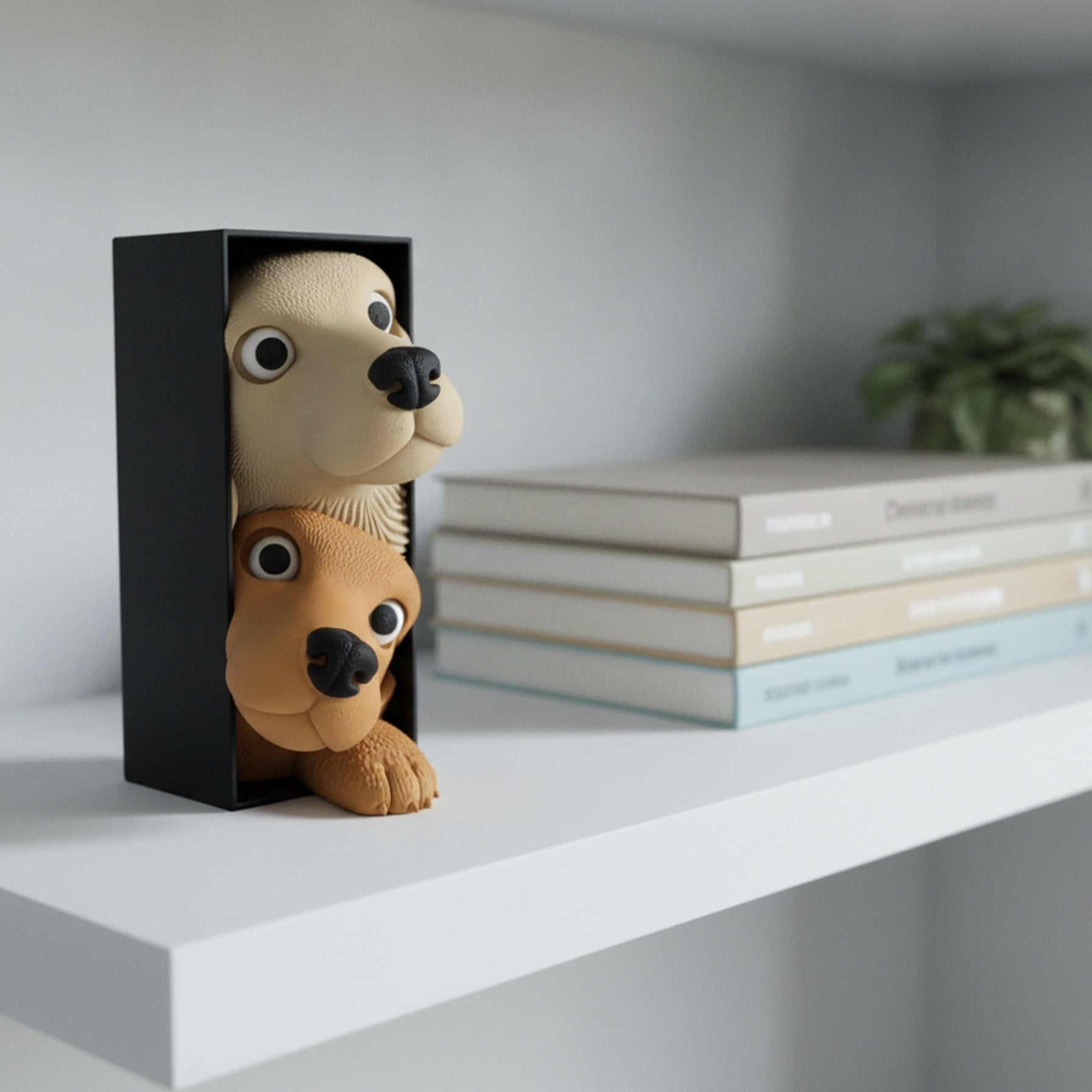 Book Nook Hundewelpen freistehend auf minimalistischem weißen Regal neben schmalen Designbüchern und einer grünen Zimmerpflanze, klares Tageslicht