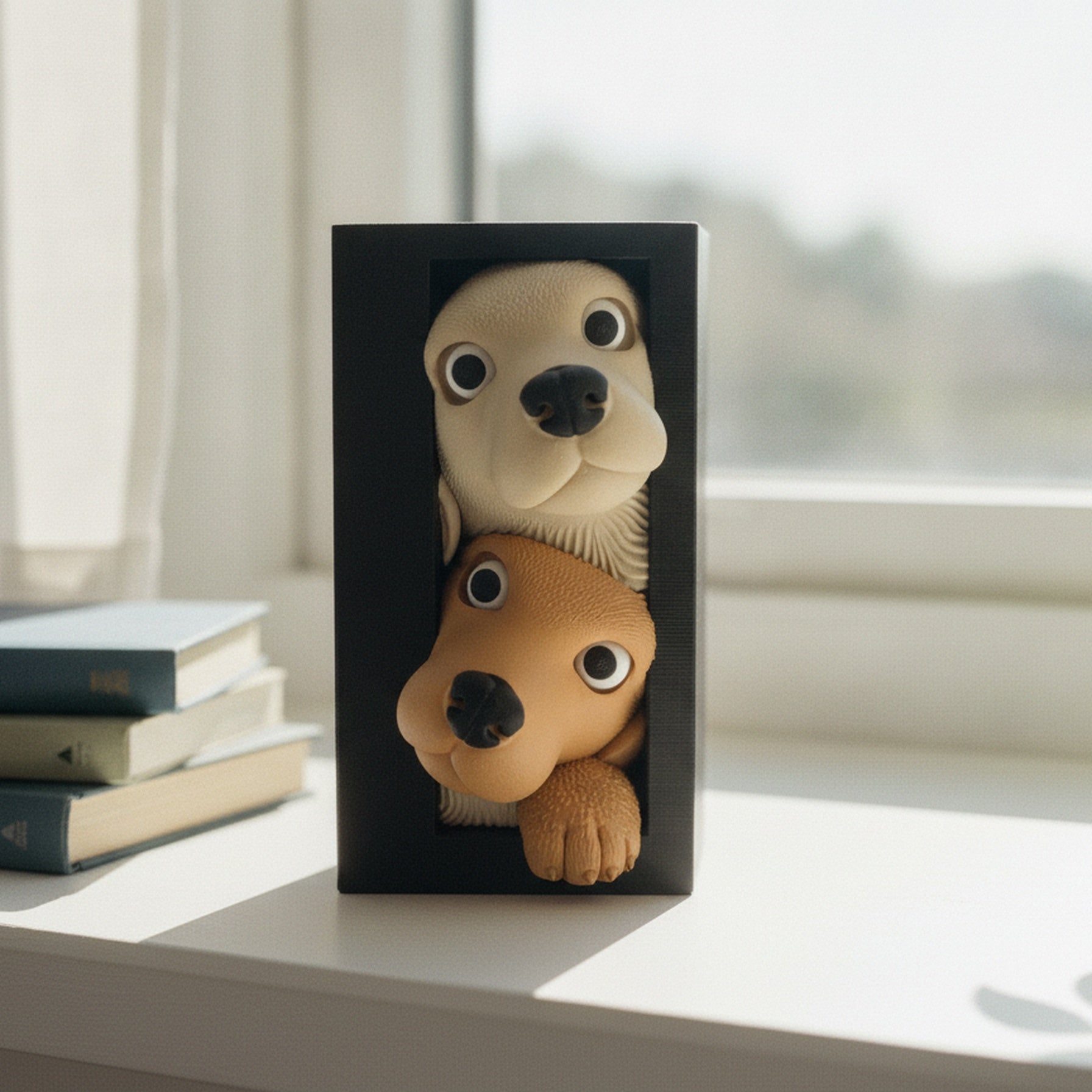 Book Nook Hundewelpen auf einer weißen Fensterbank neben zwei Büchern und einer kleinen Kräuterpflanze, helles Morgenlicht durch das Fenster