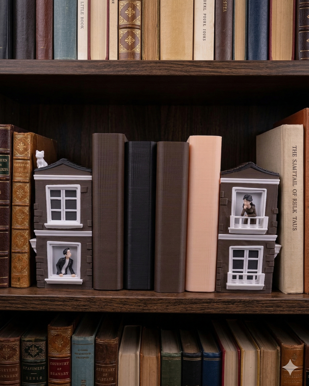 Buchstützen-Set Romance in Between: zwei Hausfassaden aus 3D-Druck auf einem Bücherregal, links Katzenfigur auf dem Dach und Mann-Figur im Fenster, rechts Frau-Figur auf dem Balkon