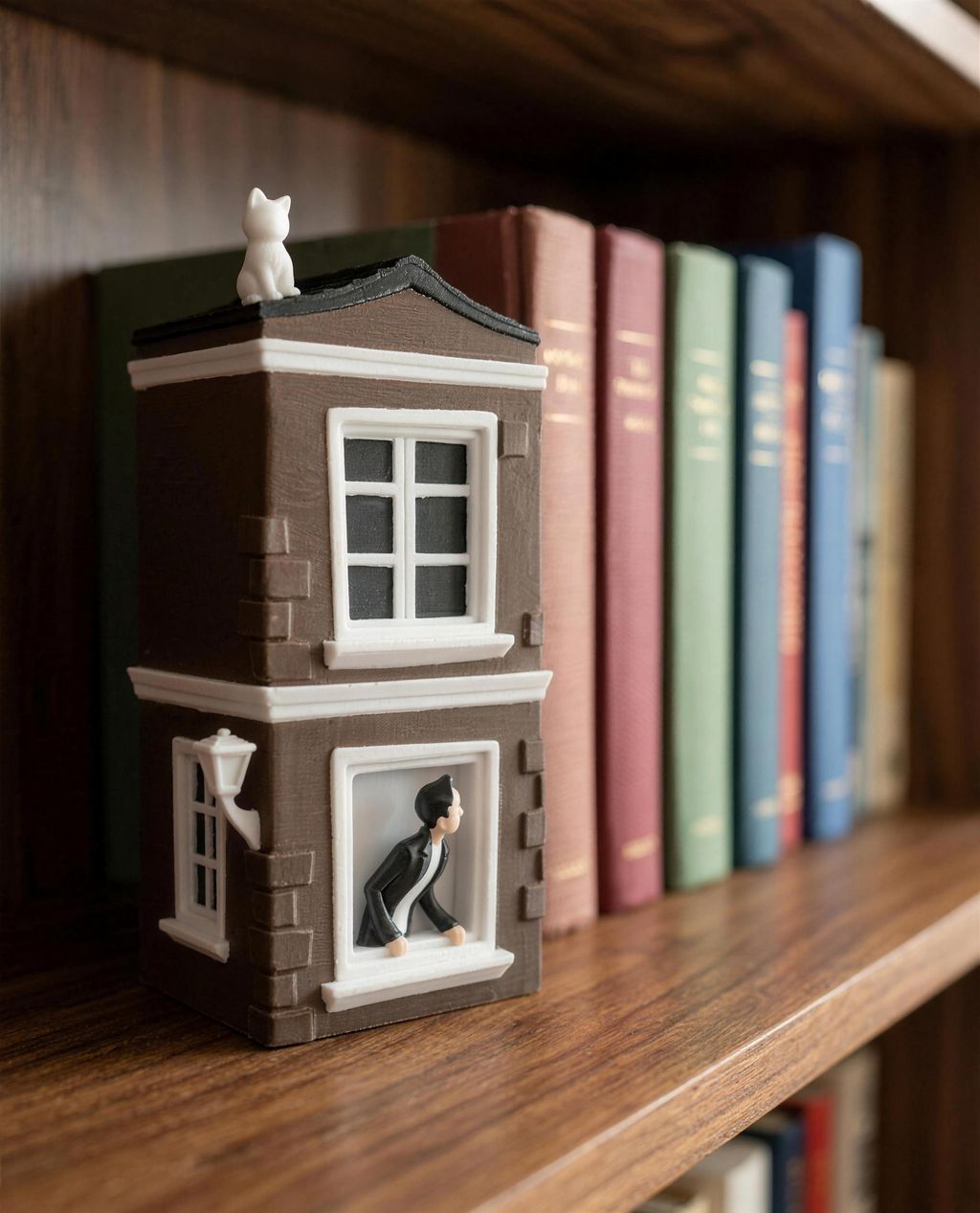Nahaufnahme der linken Hausfassade mit Katzenfigur auf dem Dach und Mann-Figur im unteren Fenster, im Hintergrund bunte Bücherrücken