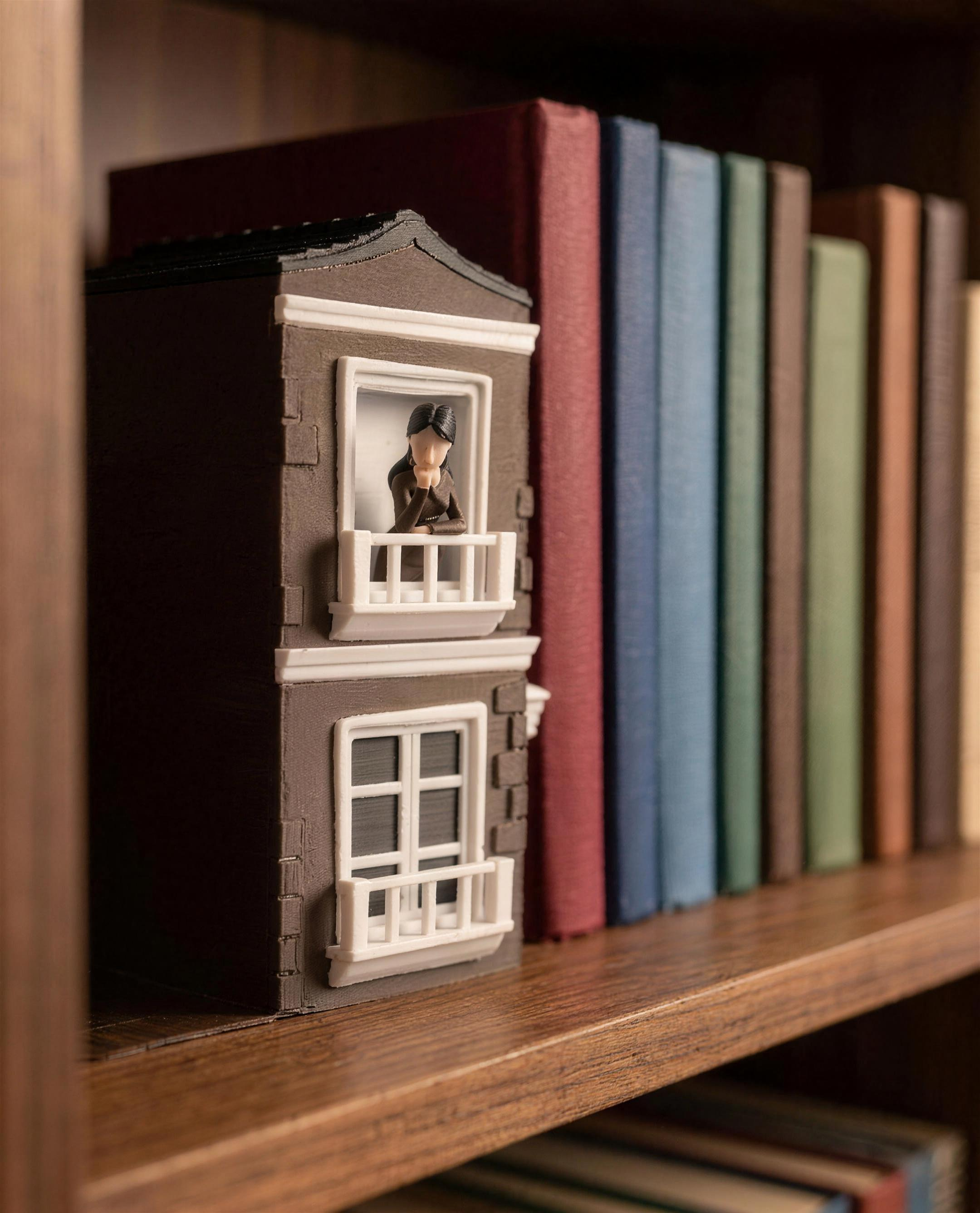 Nahaufnahme der rechten Hausfassade mit Frau-Figur auf dem Balkon im oberen Stockwerk und Fenster mit Fensterläden darunter, daneben Bücherrücken