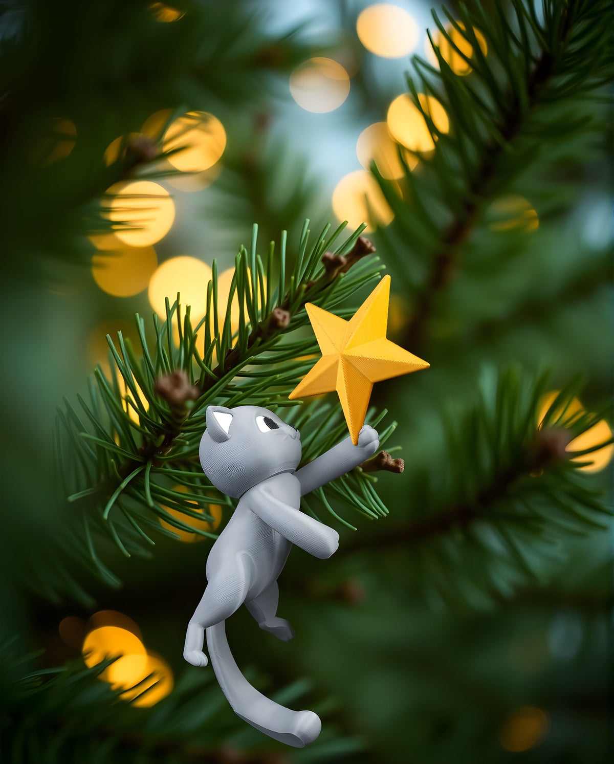 Christbaumspitze Katze kletternd mit goldenem Stern, Seitenansicht zwischen echten Tannenzweigen mit warmem Lichterglanz
