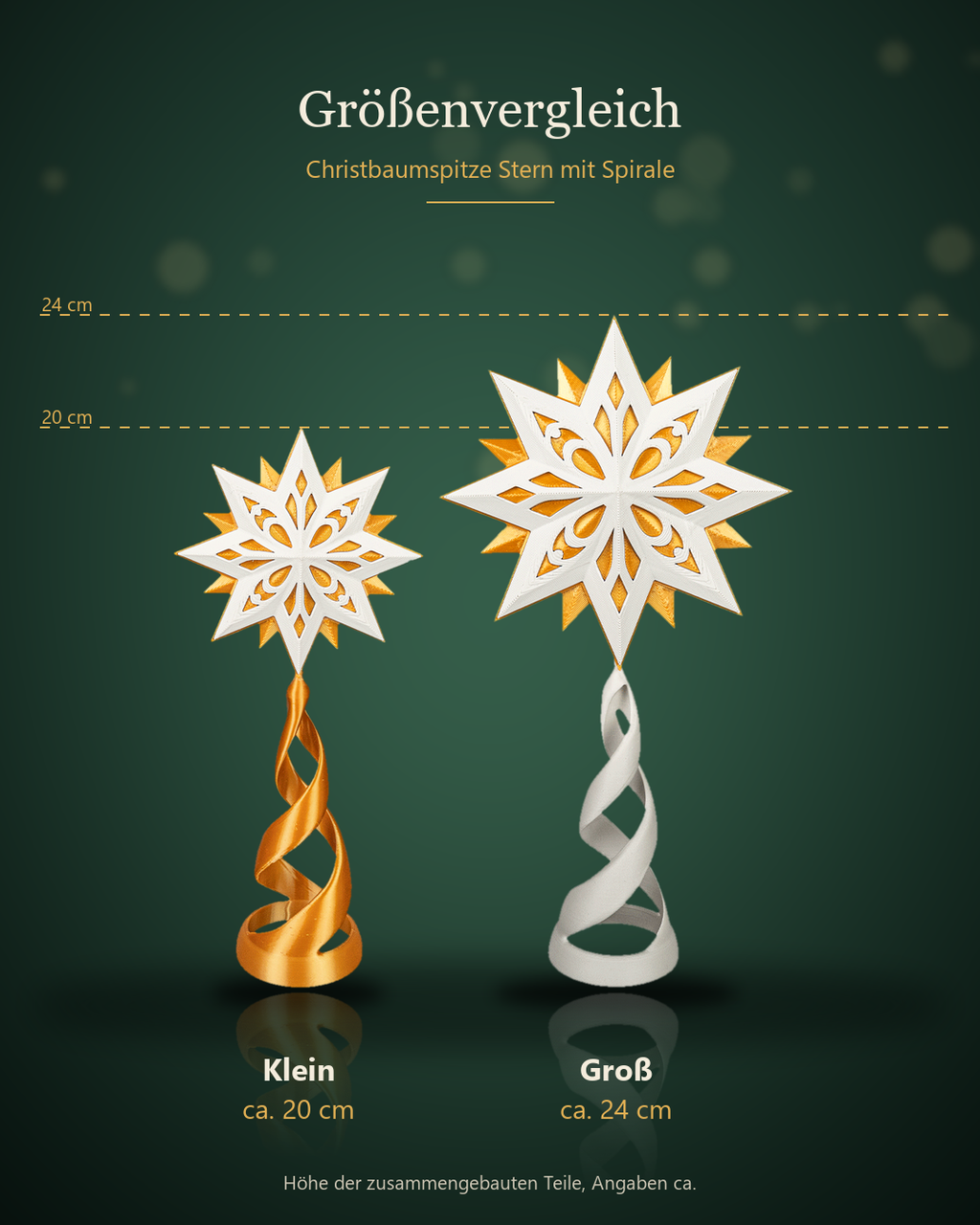 Größenvergleich der Christbaumspitze auf dunkelgrünem Hintergrund: Klein ca. 20 cm mit goldener Spirale und Groß ca. 24 cm mit weißer Spirale, mit Höhenlinien