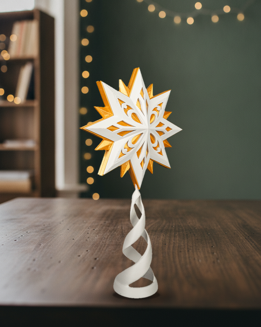 Christbaumspitze Groß mit weißer Spirale in Dreiviertelansicht, der Stern ist leicht gedreht und zeigt die goldene Hinterlage, aufgestellt auf einem dunklen Holztisch vor einer grünen Wand mit Bücherregal