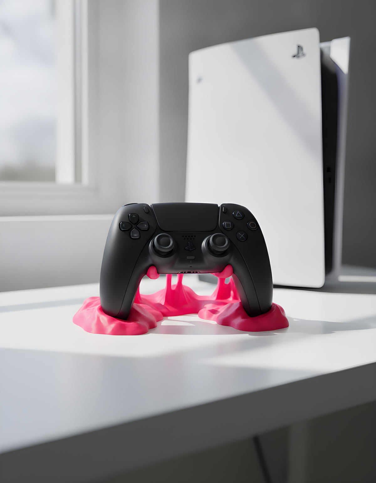 Controller-Ständer Sticky Match in Pink mit schwarzem PS5-Controller, auf weißem minimalistischem Gaming-Schreibtisch, im Hintergrund eine unscharfe weiße PS5-Konsole bei Tageslicht