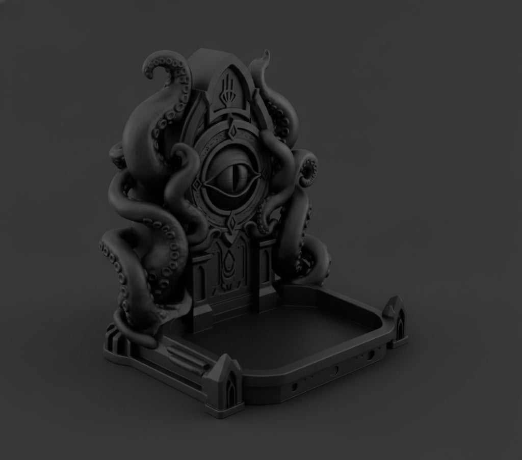 Schwarze Cthulhu-Schmuckschale, Seitenansicht mit Blick auf die leere, gotisch verzierte Ablageschale vor neutralem Hintergrund