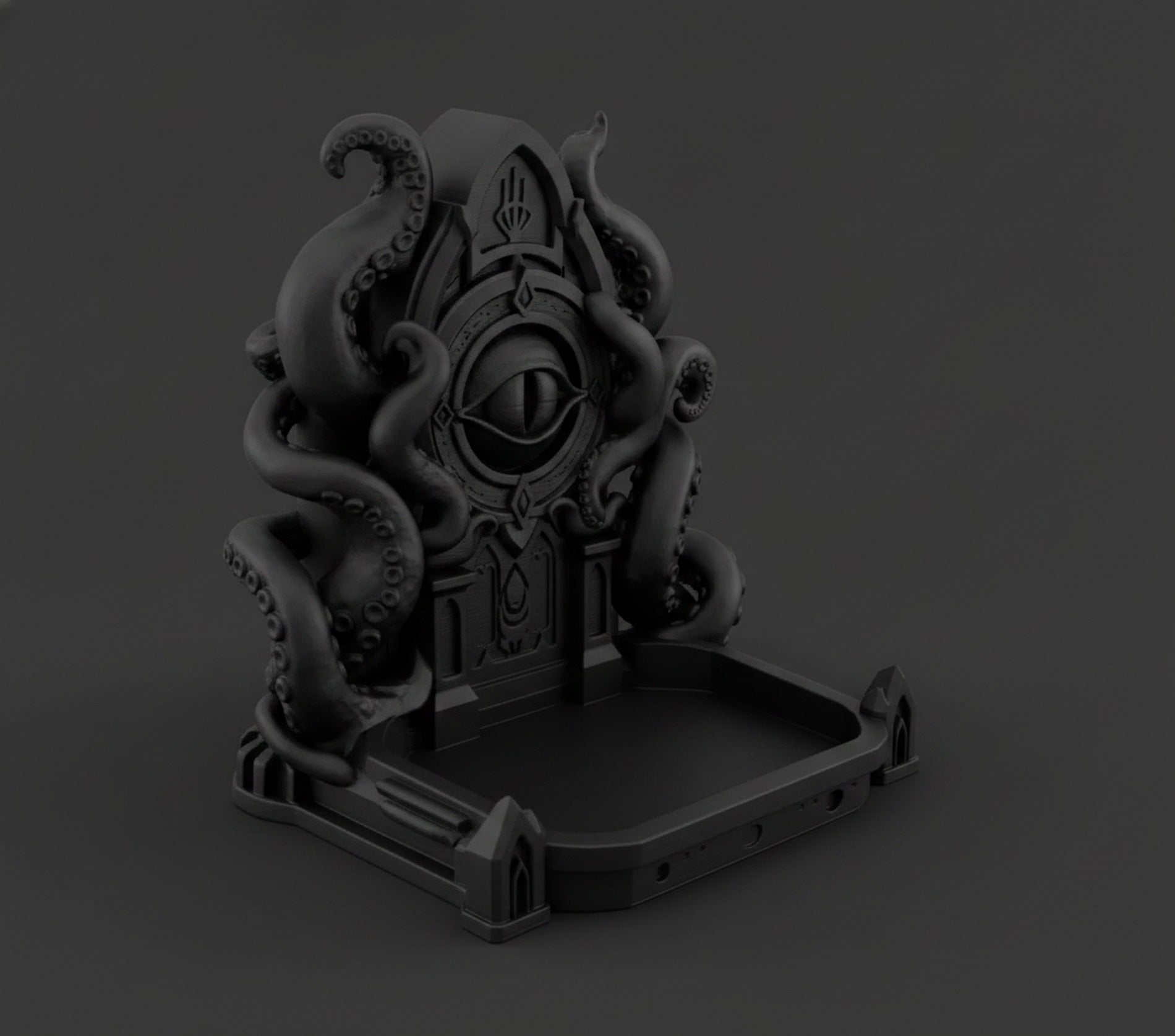 Schwarze Cthulhu-Schmuckschale, Seitenansicht mit Blick auf die leere, gotisch verzierte Ablageschale vor neutralem Hintergrund