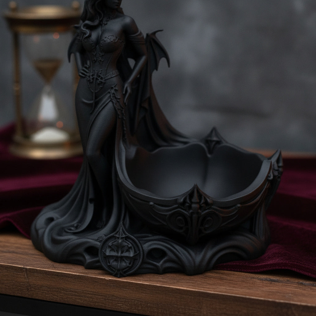 Nahaufnahme der muschelförmigen Schmuckschale der Gothic-Dämonin-Statue mit verzierten Ornamenten am Rand