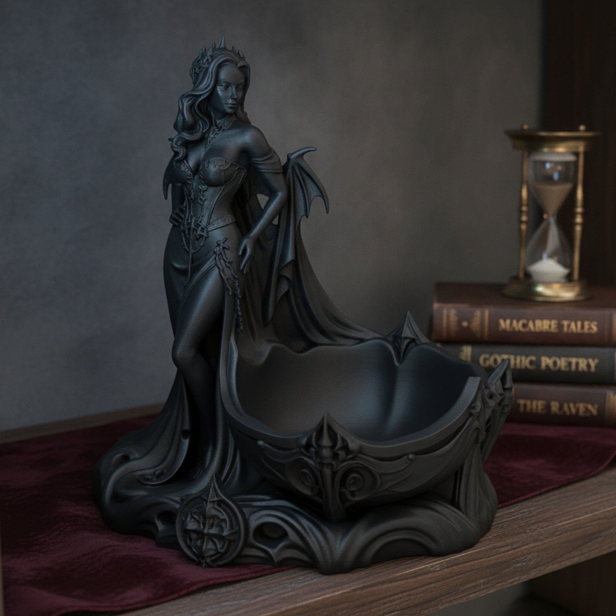Gothic-Dämonin-Statue mit Fledermausflügeln und Dornenkrone, Frontalansicht mit integrierter Schmuckschale auf einem Bücherregal neben einer Sanduhr