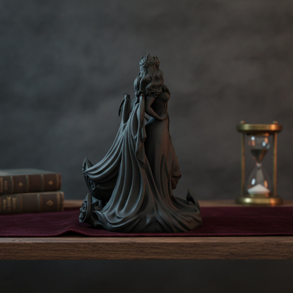 Rückansicht der Gothic-Dämonin-Statue mit Fledermausflügeln, langem Haar und fließendem Umhang