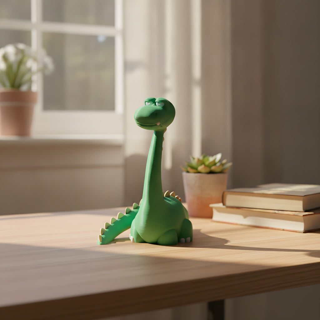 Grüner Dino-Handyhalter ohne Smartphone auf hellem Eichenholz-Schreibtisch am Fenster, mit Sukkulente und Bücherstapel im Hintergrund