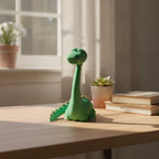 Grüner Dino-Handyhalter ohne Smartphone auf hellem Eichenholz-Schreibtisch am Fenster, mit Sukkulente und Bücherstapel im Hintergrund
