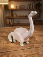 Dino Pflanztopf Langhals in Weiß-Mint mit Sukkulente bepflanzt, Ansicht schräg von vorne mit eingerolltem Schwanz – Lifestyle-Aufnahme auf Holztisch