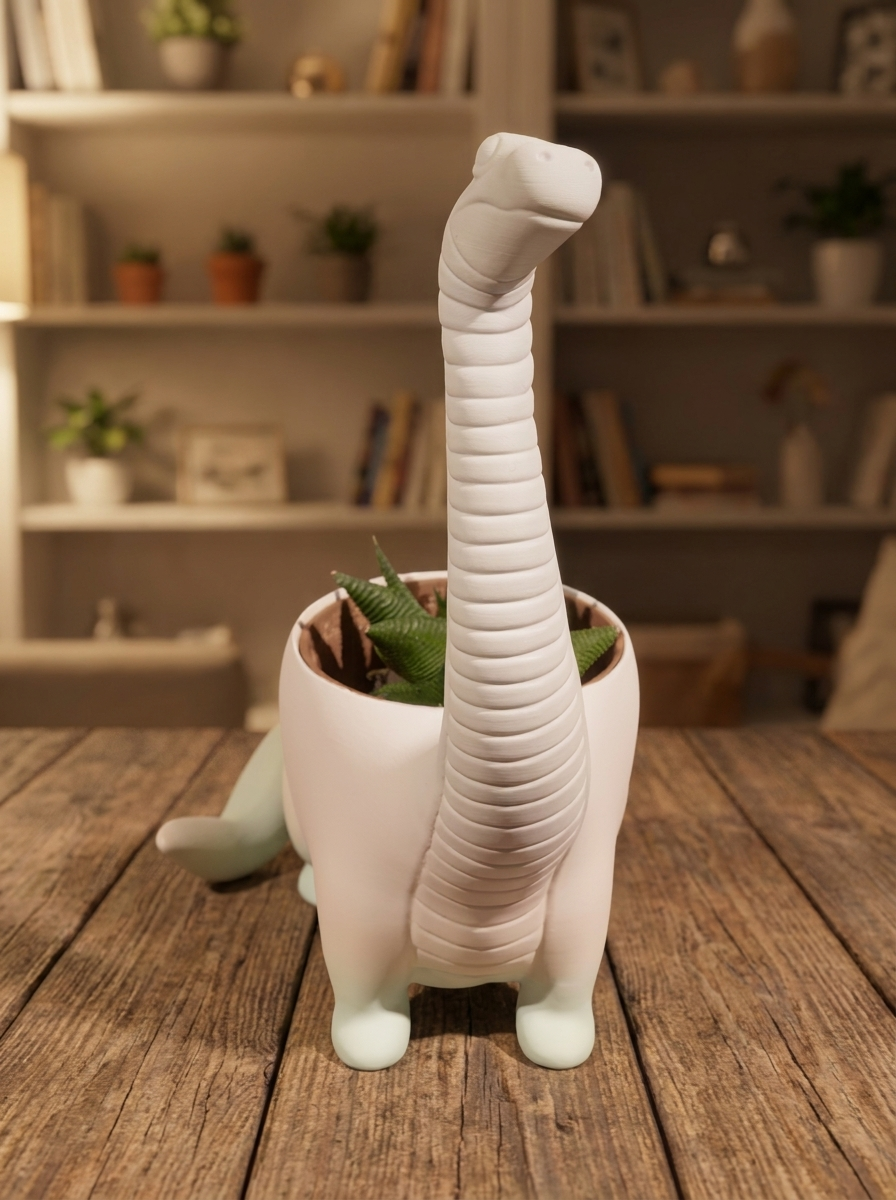 Dino Pflanztopf Langhals in Weiß-Mint mit Sukkulente bepflanzt, Frontalansicht mit aufgerichtetem Hals – Lifestyle-Aufnahme im Wohnzimmer
