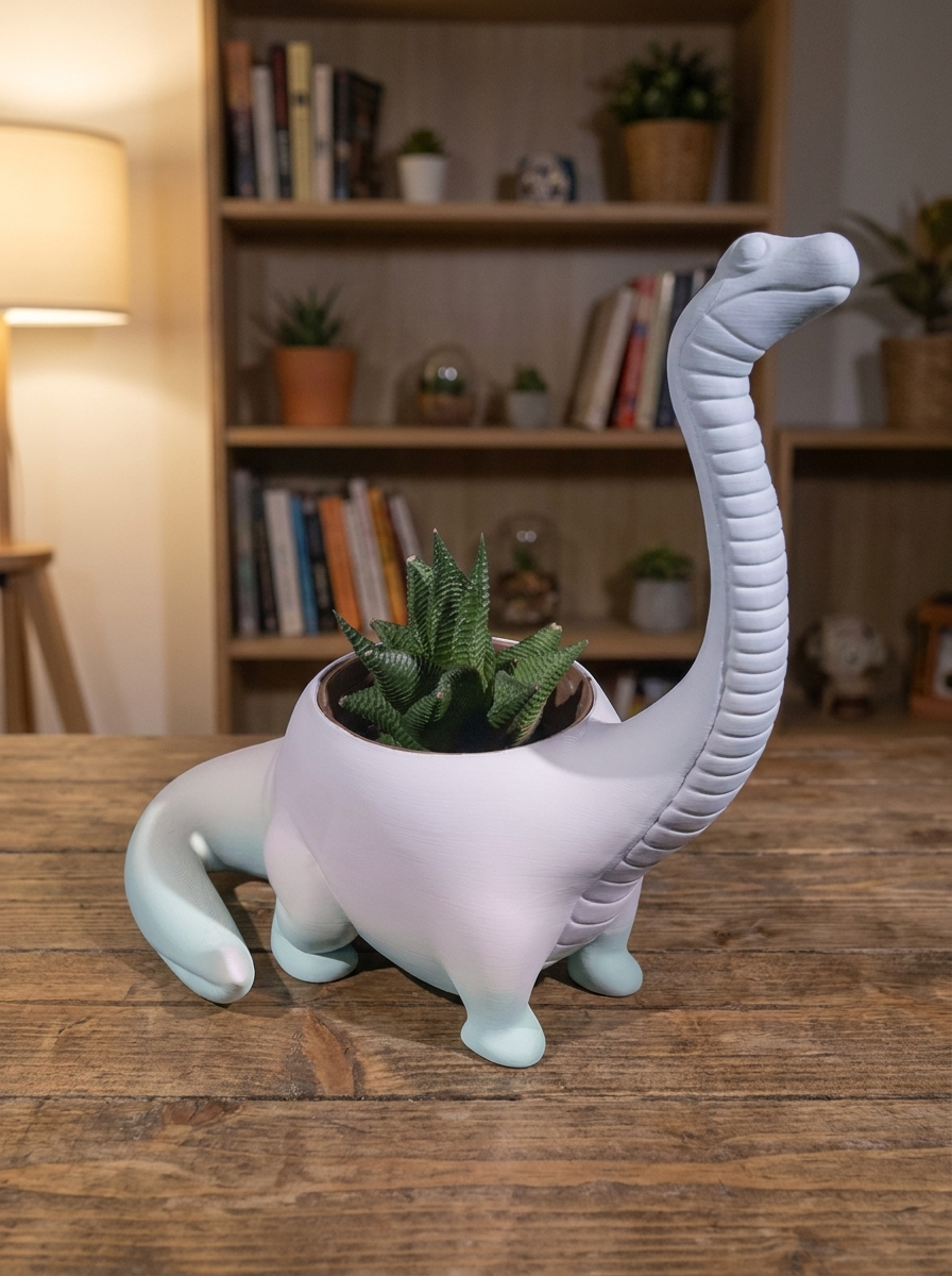 Dino Pflanztopf Langhals in Weiß-Mint mit Sukkulente bepflanzt, Ansicht schräg von vorne – Lifestyle-Aufnahme auf Holztisch vor Bücherregal