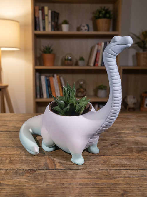 Dino Pflanztopf Langhals in Weiß-Mint mit Sukkulente bepflanzt, Ansicht schräg von vorne – Lifestyle-Aufnahme auf Holztisch vor Bücherregal
