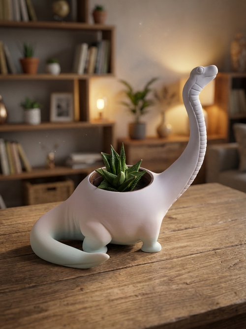 Dino Pflanztopf Langhals in Weiß-Mint mit Sukkulente bepflanzt, Ansicht schräg von vorne – Lifestyle-Aufnahme im Wohnzimmer bei warmem Licht