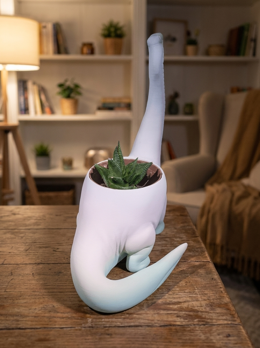 Dino Pflanztopf Langhals in Weiß-Mint mit Sukkulente bepflanzt, Rückansicht mit eingerolltem Schwanz – Lifestyle-Aufnahme auf Holztisch