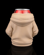 Dosen-Hoodie Cover Beige, Rückansicht mit Kapuze von hinten und roter Dose – Münch3D