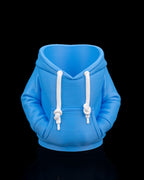 Dosen-Hoodie Cover in Blau, leer ohne Dose, Frontalansicht vor Schwarz – Münch3D