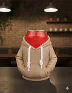 Dosen-Hoodie Cover Beige mit roter Dose, Lifestyle-Foto in Café-Ambiente – Münch3D