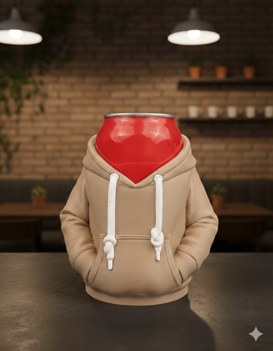 Dosen-Hoodie Cover Beige mit roter Dose, Lifestyle-Foto in Café-Ambiente – Münch3D