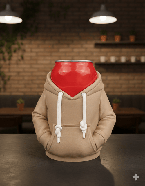 Dosen-Hoodie Cover Beige mit roter Dose, Lifestyle-Foto in Café-Ambiente – Münch3D